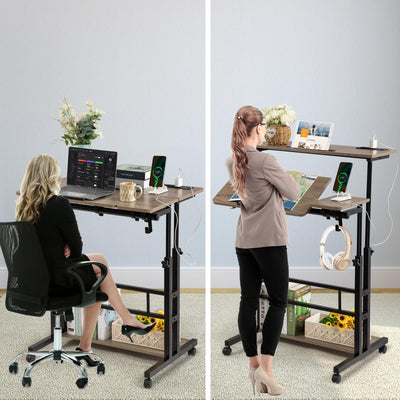 Rolling Stand Up Desk Adjustable Height - Portable Standing Desk with Wheels & Charging Station, Mobile Laptop Desk Small Standing Desk Drawing Table, Grey