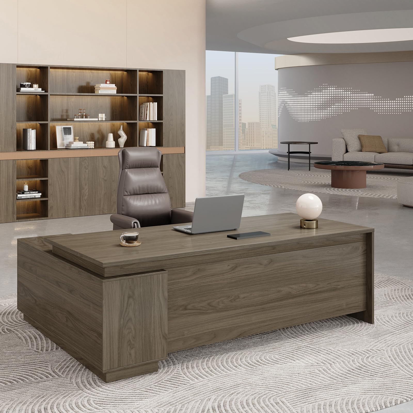 L-Shaped Executive Workstation with Lockable Drawers, 63” Large Office Furniture with Storage Cabinet & Cable Management, Reversible Home Office Setup (Black Walnut,63" L*32" W*30" H)