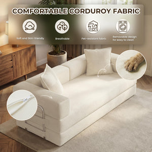 78 Inch Convertible Sofa Bed, 5-in-1 Futon Sofa Bed Pull Out Couch, Boneless Couch Bed for Living Room, Corduroy Boneless Couches for Bedroom, Apartment, No Assembly Sleeper Sofa Bed, Beige
