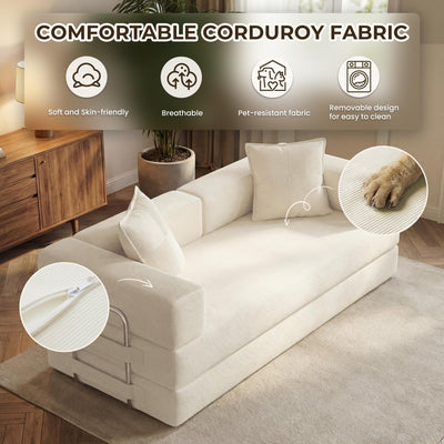 78 Inch Convertible Sofa Bed, 5-in-1 Futon Sofa Bed Pull Out Couch, Boneless Couch Bed for Living Room, Corduroy Boneless Couches for Bedroom, Apartment, No Assembly Sleeper Sofa Bed, Beige