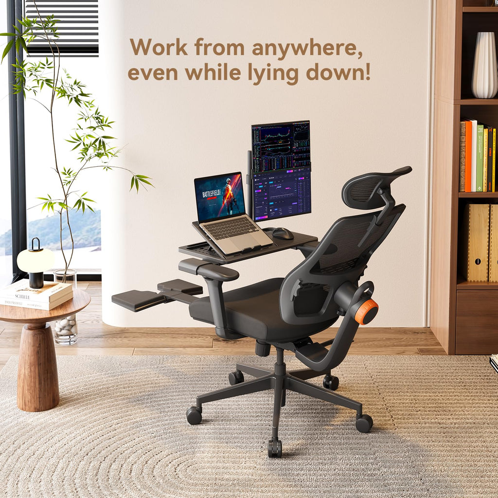 Office Chair Ergonomic with Footrest, Auto-Following Lumbar Support, High Back Desk Chair with 4D Armrest,136° Tilt Lock, Adjustable Seat Depth & Height (Upgrade with Laptop Tray, Black)