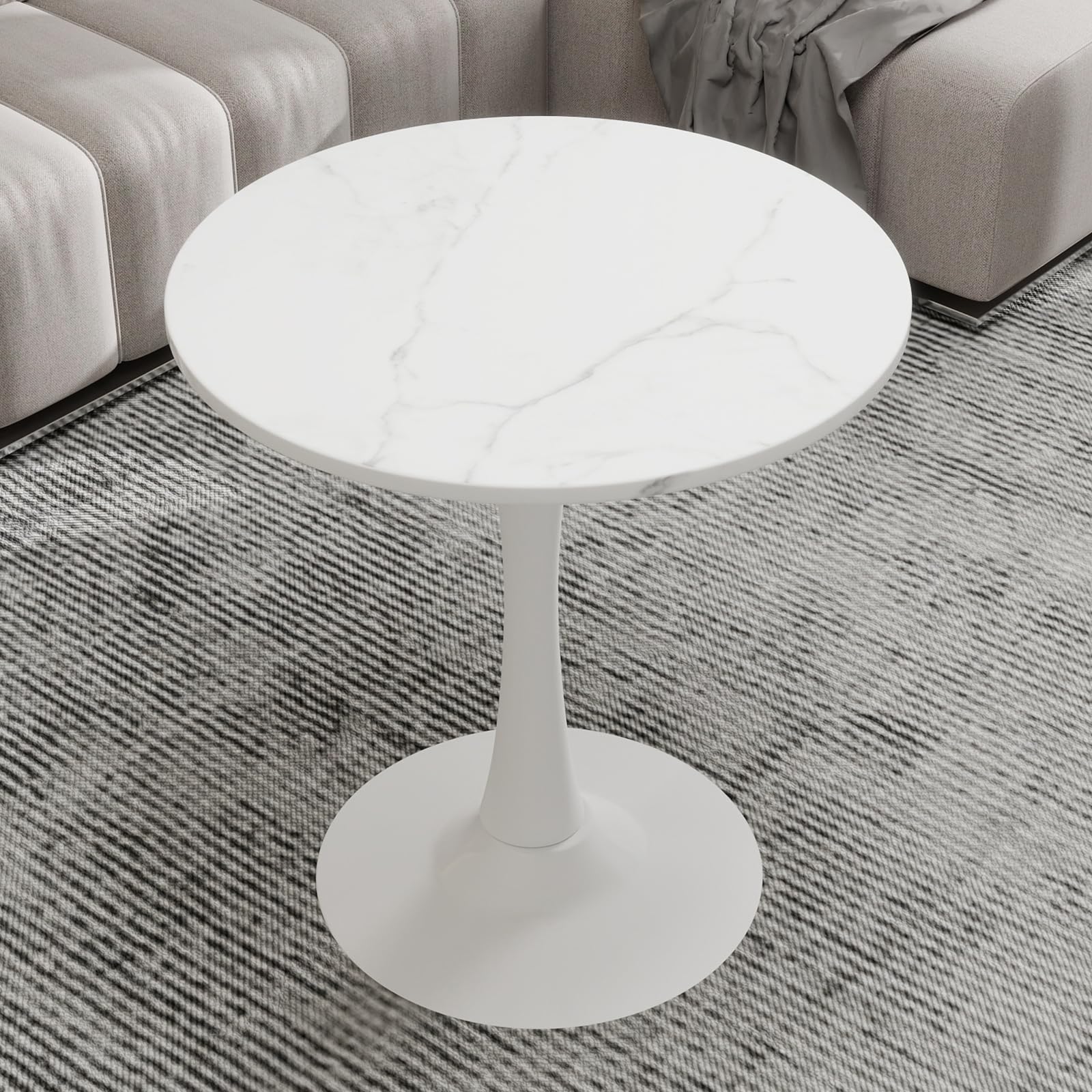 27.6" Marble Round Tulip Table, Mid-Century Modern Style Dining Table with White Pedestal Base for 2-4 People, Featuring A Marble Tabletop for Kitchen, Dining Room, Cafe (White)