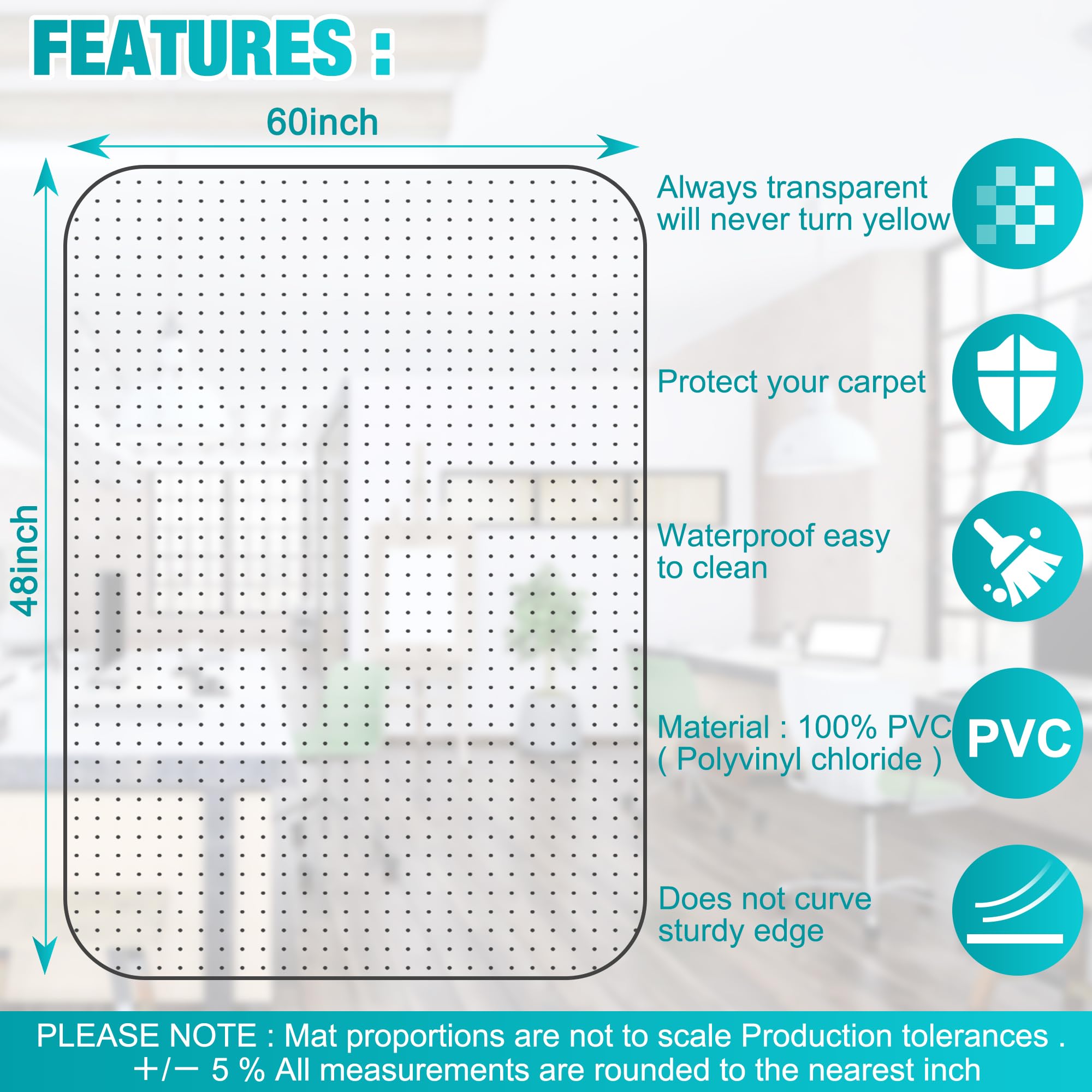 Office Chair Mat for Carpets, 48"x 60" Heavy Duty Clear Plastic Floor Protector, Non-Slip Computer Desk Chair Mat for Low Pile Carpeted Floors, Smooth Rolling Carpet Chair Mat for Home Office