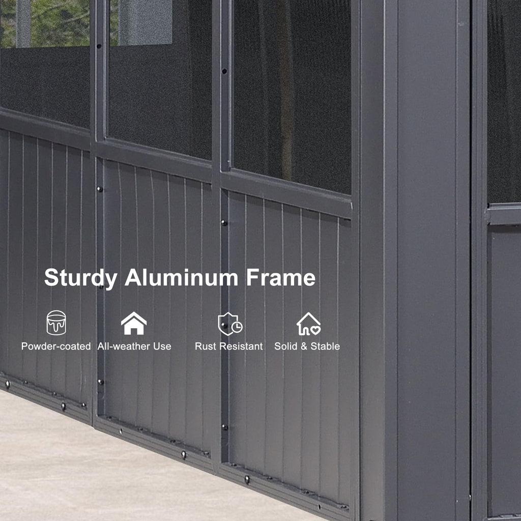 12' X 16' Solarium Sunroom Permanent Hardtop Gazebo Galvanized Steel Double Roof Aluminum Outdoor Screen House for Lawn Deck Backyard Grey