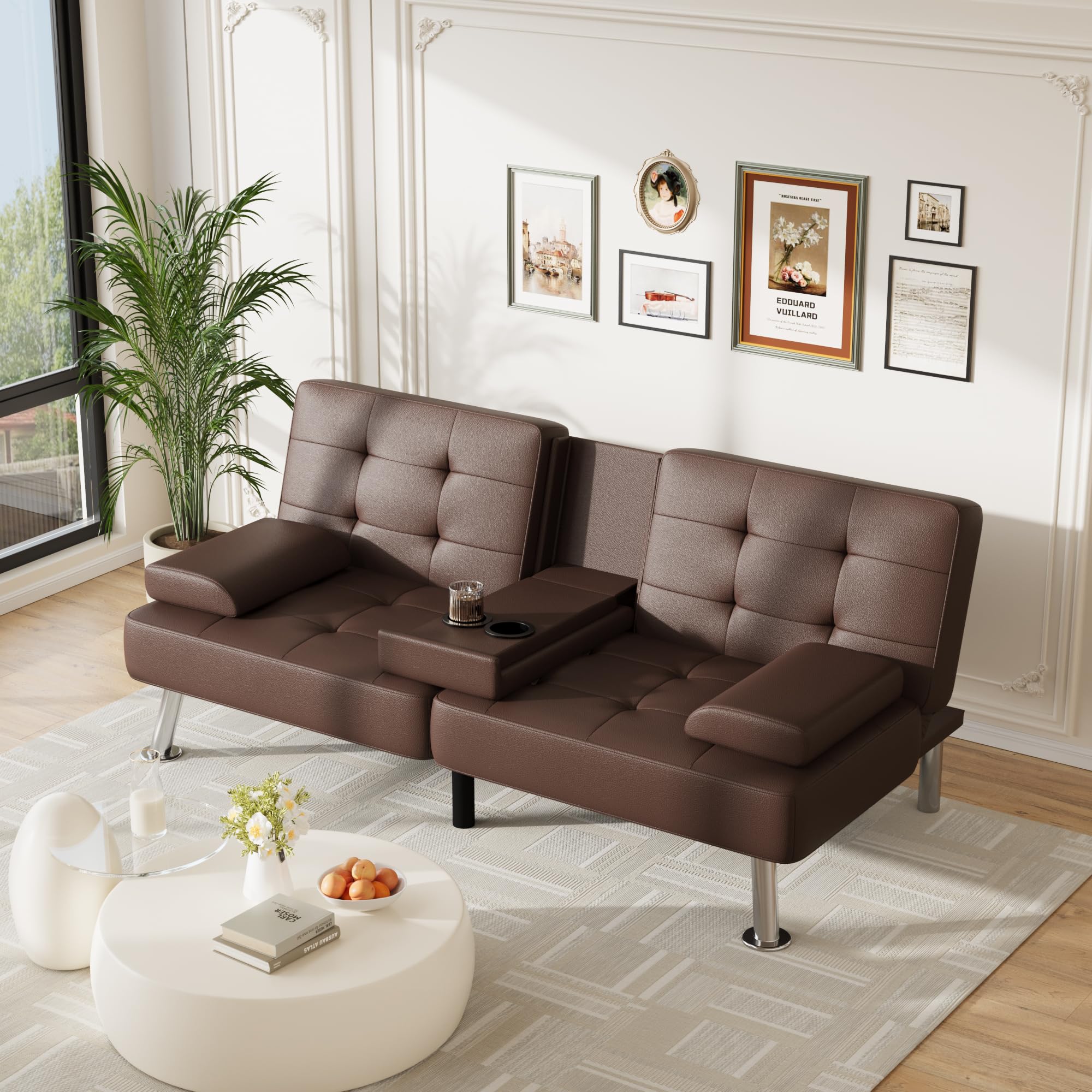 Sofa Bed Adjustable Futon Couch Sleeper Sofa Bed for Living Room, Business Office, Recliner Sofas with Cup Holders (PU Leather, Brown)