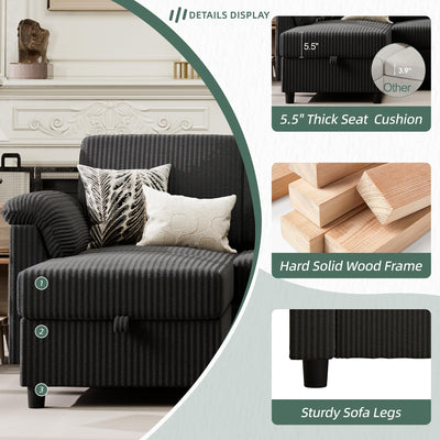 Convertible Sectional Couches, 3 Seat L Shaped Couch Sofa with Removable Pillows Soft Corduroy Fabric Small Couch Mid Century for Living Room, Apartment and Office Black