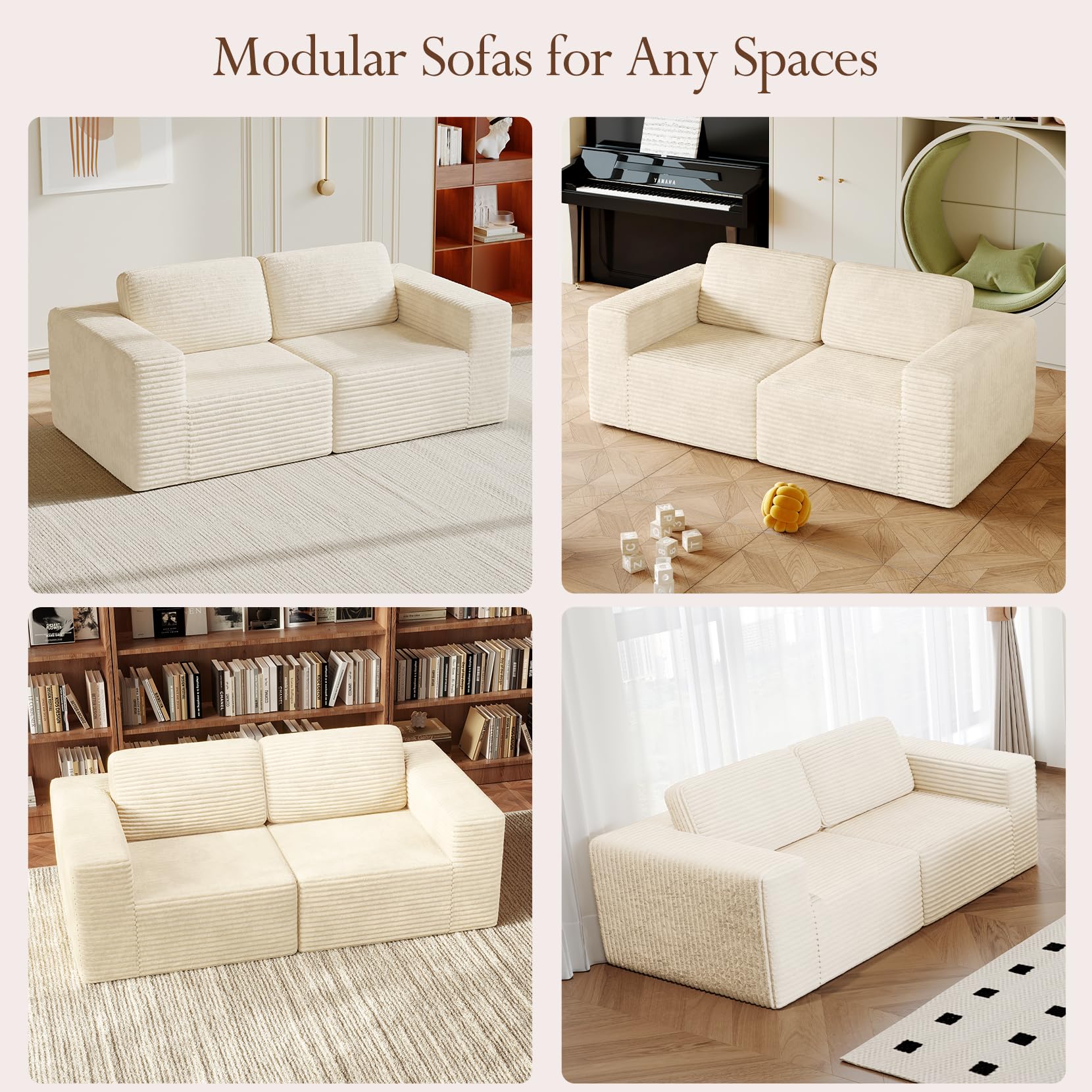 80" Modular Sectional Sofa, Corduroy Cloud Couch with Deep Seating & Spring Support, 2 Seater Compact Modular Couch, Boneless Sectional Sofa for Small Spaces, No Assembly Required, Beige