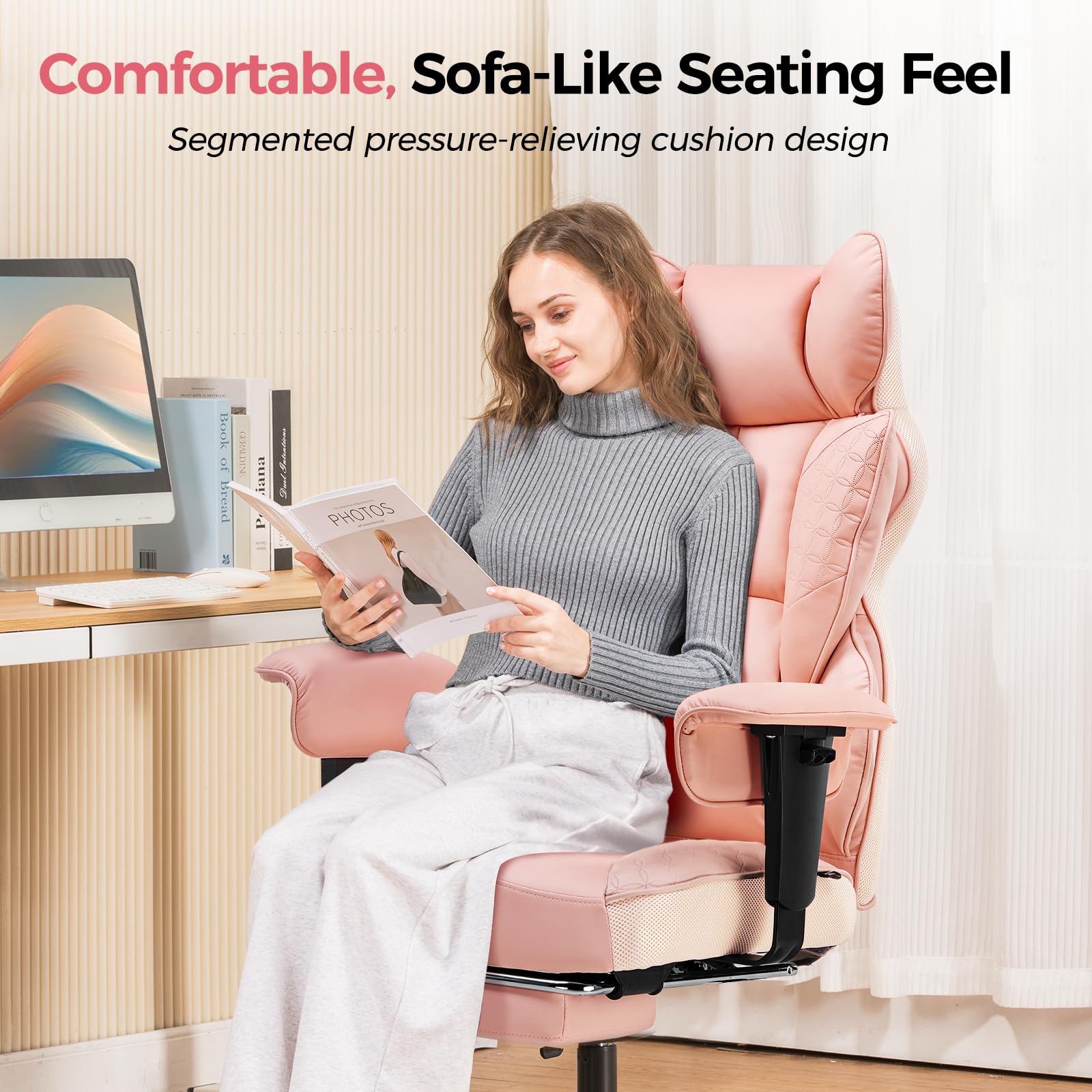 Desk Office Chair Big and Tall Office Chairs Ergonomic Gaming Chairs with Wide Seat Leather High Back Chair with Foot Rest Adjustable Armrests Pocket Spring Lumbar Support