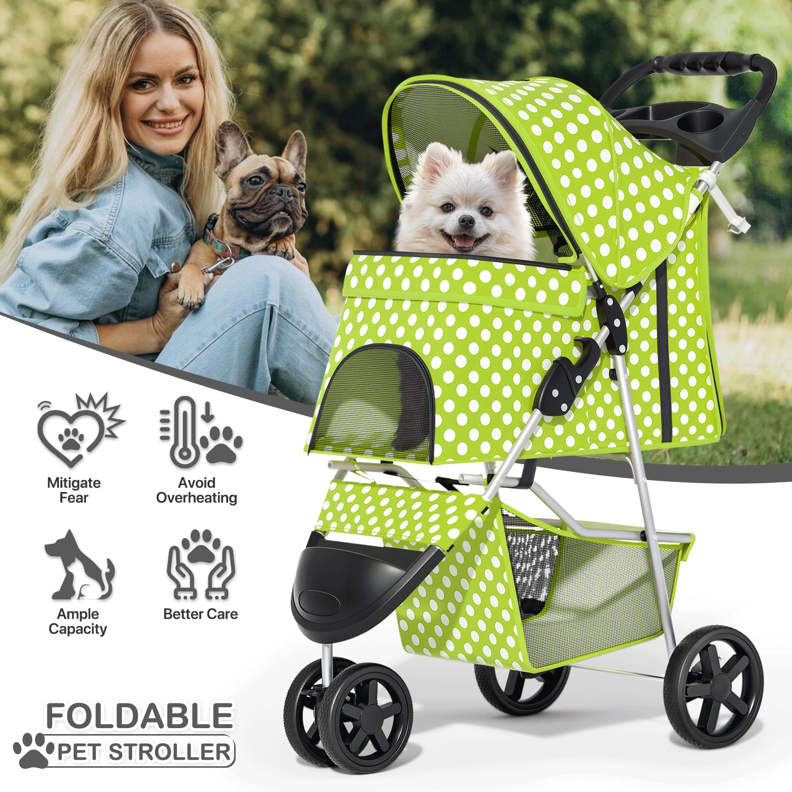 3 Wheels Pet Dog Cat Stroller for Small Medium Dogs Cats, Foldable Jogger Stroller w/Storage Basket and Cup Holder, Lawn Green Polka Dots