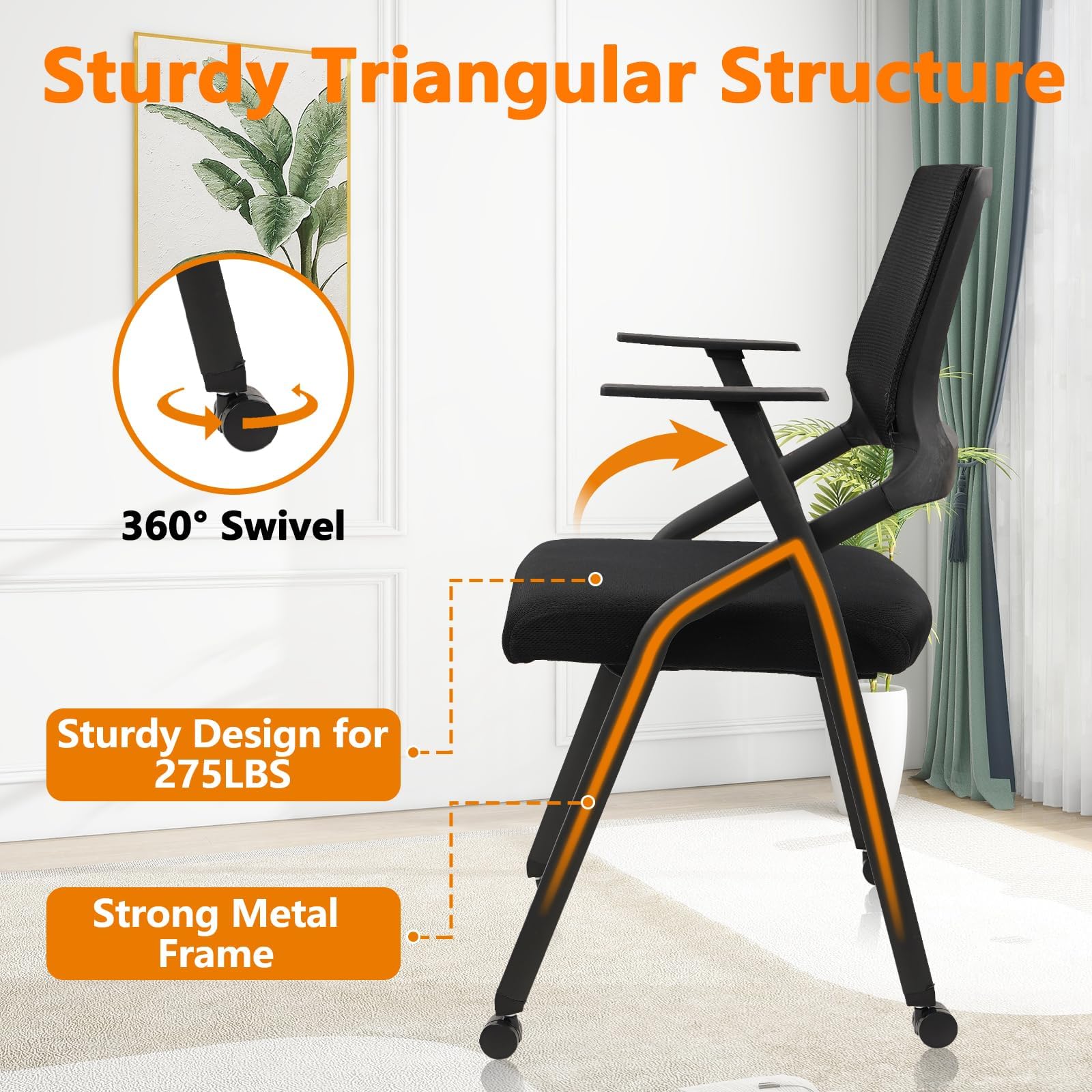 Stackable Foldable Conference Room Chairs with Wheels, Portable Padded Office Desk Chair with Lumbar Support and Armrest for Training Room, Guest, Reception, Event, Black (1pk)