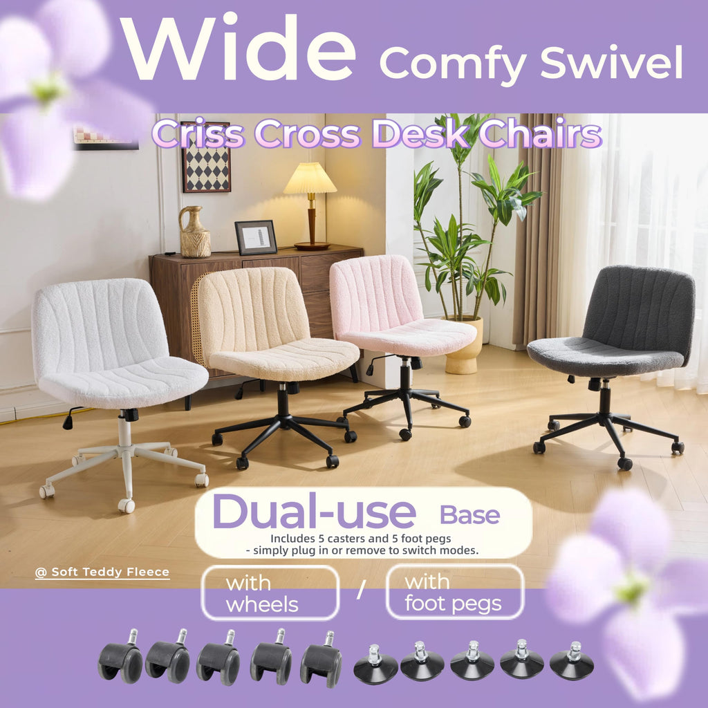 Criss Cross Legged Chair,Wide Comfy Office Desk Chair,Dual-Use with/no Wheels Computer Task Chair,Swivel Armless Vanity Boucle Chair for Study,Make Up,Home Office,Teddy Fleece,Dark Grey