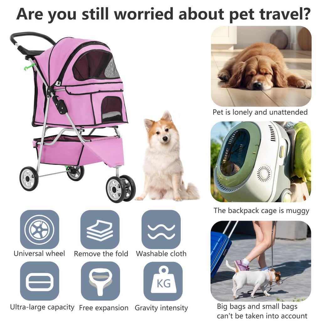Pet Stroller Foldable Dog Stroller 3-Wheel Durable Cat Jogger Stroller for Small and Medium Dogs Cats with Washable Liner Storage Basket Cup Holder,Pink