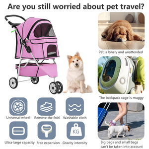 Pet Stroller Foldable Dog Stroller 3-Wheel Durable Cat Jogger Stroller for Small and Medium Dogs Cats with Washable Liner Storage Basket Cup Holder,Pink