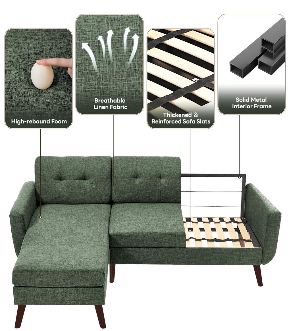 L Shaped Couch, 80" W Mid-Century Modern Sofa, Sectional Couches, 3 Seater Sofas with Wide Chaise Lounge, Button Tufted Upholstered Sectional Sofa for Living Room, Bedroom, Green