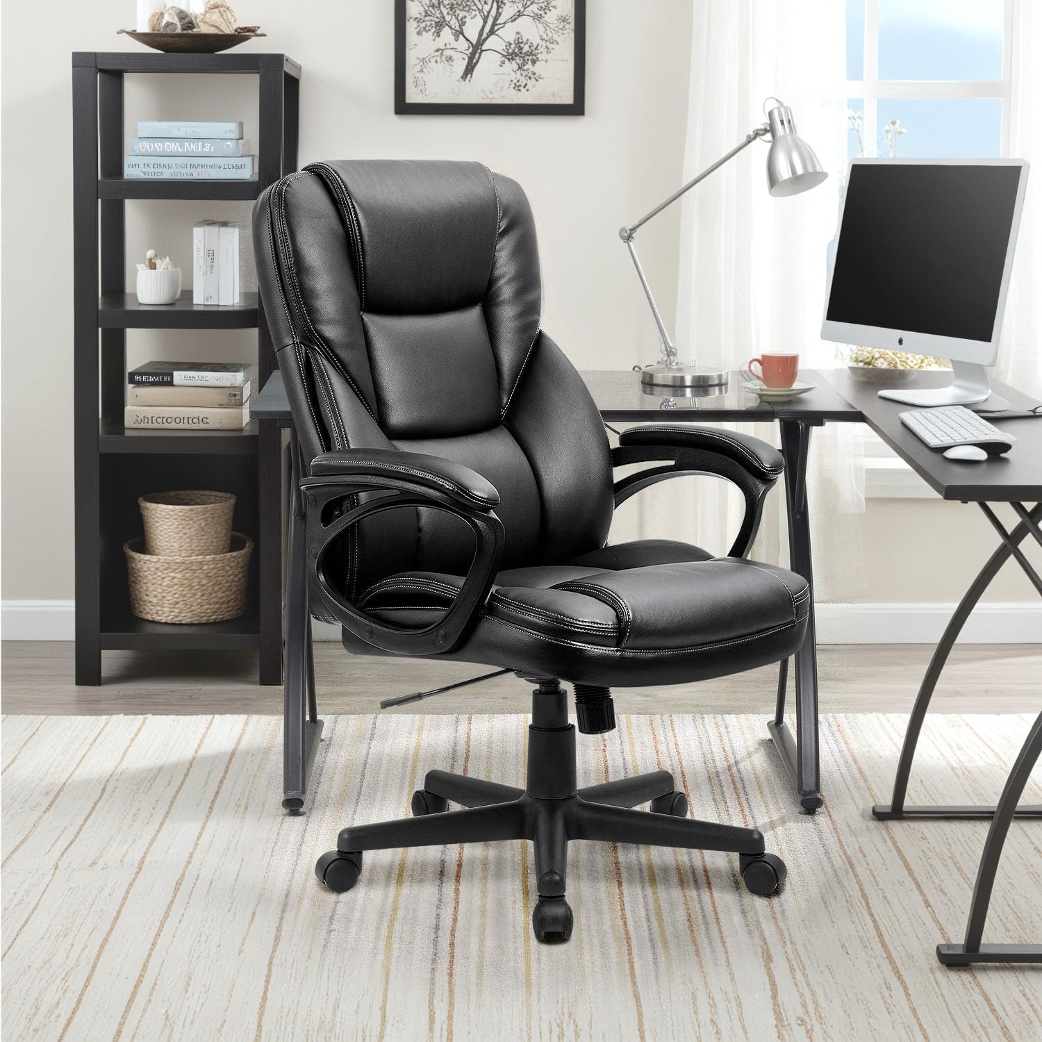 Office Executive Chair High Back Adjustable Managerial Home Desk Chair, Swivel Computer PU Leather Chair with Lumbar Support (2, Black)
