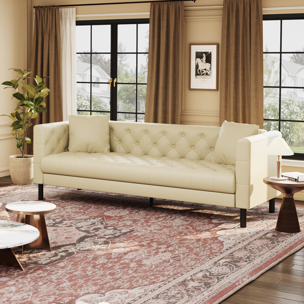 81 in Leather Couch for Living Room, Modern Sofa Couch with Deep Seat, Handmade Button Tufted 3 Seater Sofa, Leather Sofa for Apartment, Office, Cream White