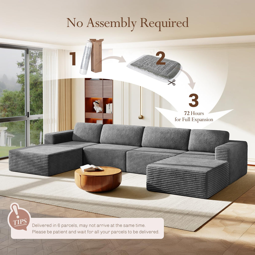 159" Large Modular Sectional Sofa, U-Shaped Corduroy Cloud Couch with Deep Seats & Spring Support, 4-Seater Boneless Sofa with 2 Movable Ottomans, No Assembly Needed, Grey
