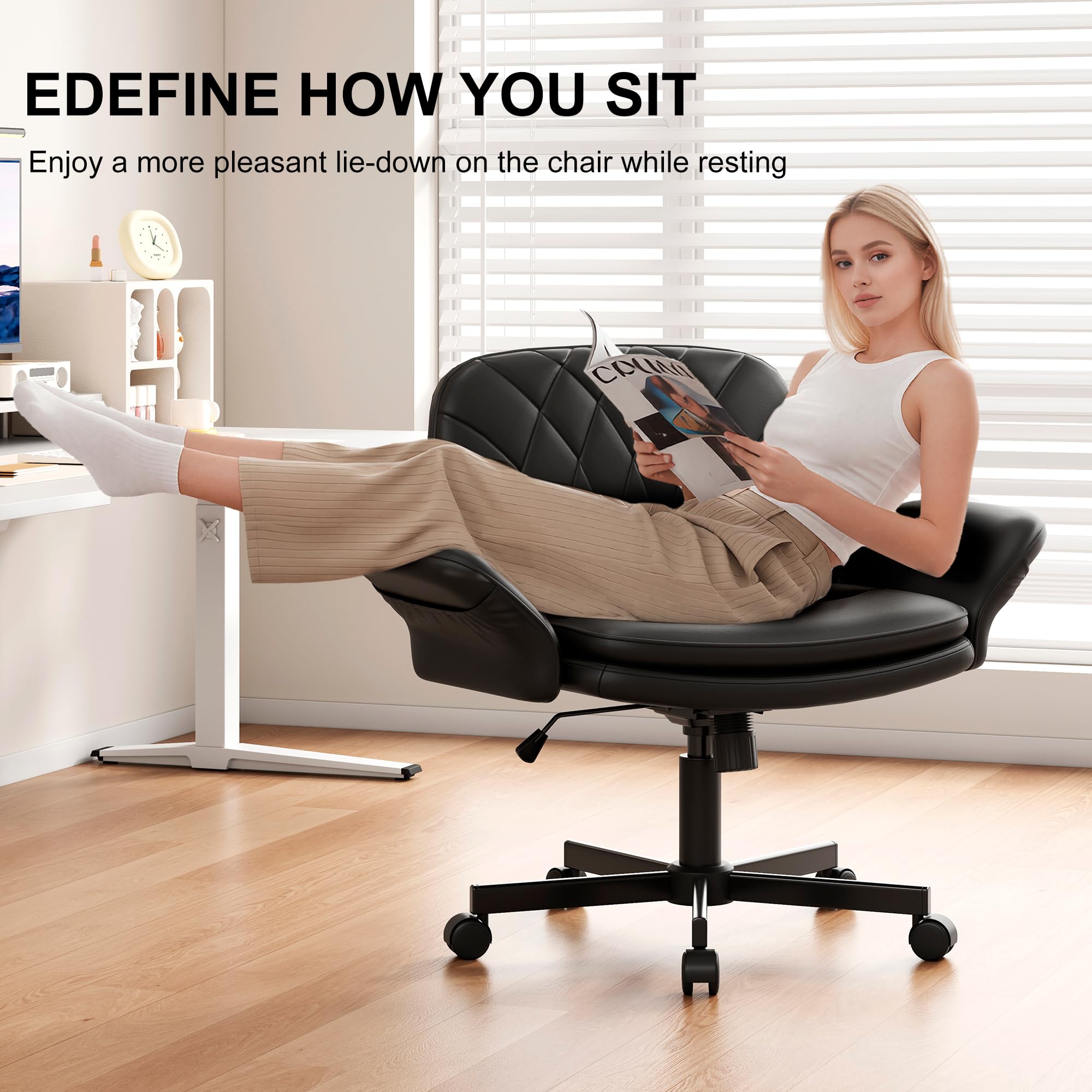 Criss Cross Chair with Armrests & Wheels for Cross-Legged Sitting, Comfortable PU Leather Vanity Chair, Office Desk Chairs with Adjustable Rocking Function, for Home, Bedroom Black