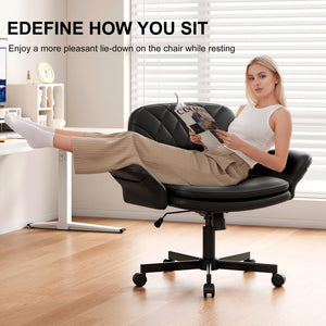 Criss Cross Chair with Armrests & Wheels for Cross-Legged Sitting, Comfortable PU Leather Vanity Chair, Office Desk Chairs with Adjustable Rocking Function, for Home, Bedroom Black