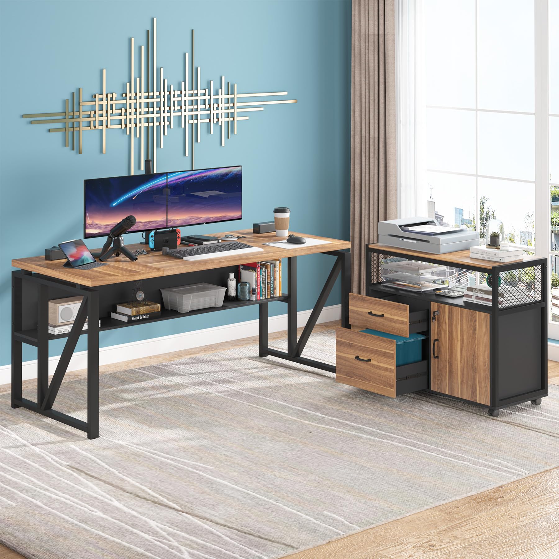 63" L Shaped Desk with Drawer Cabinet, Executive Computer Desk and lateral File Cabinet, 2 Piece Home Office Furniture with Drawers for Hanging File, Doors with Locks (Brown, 63 inches)