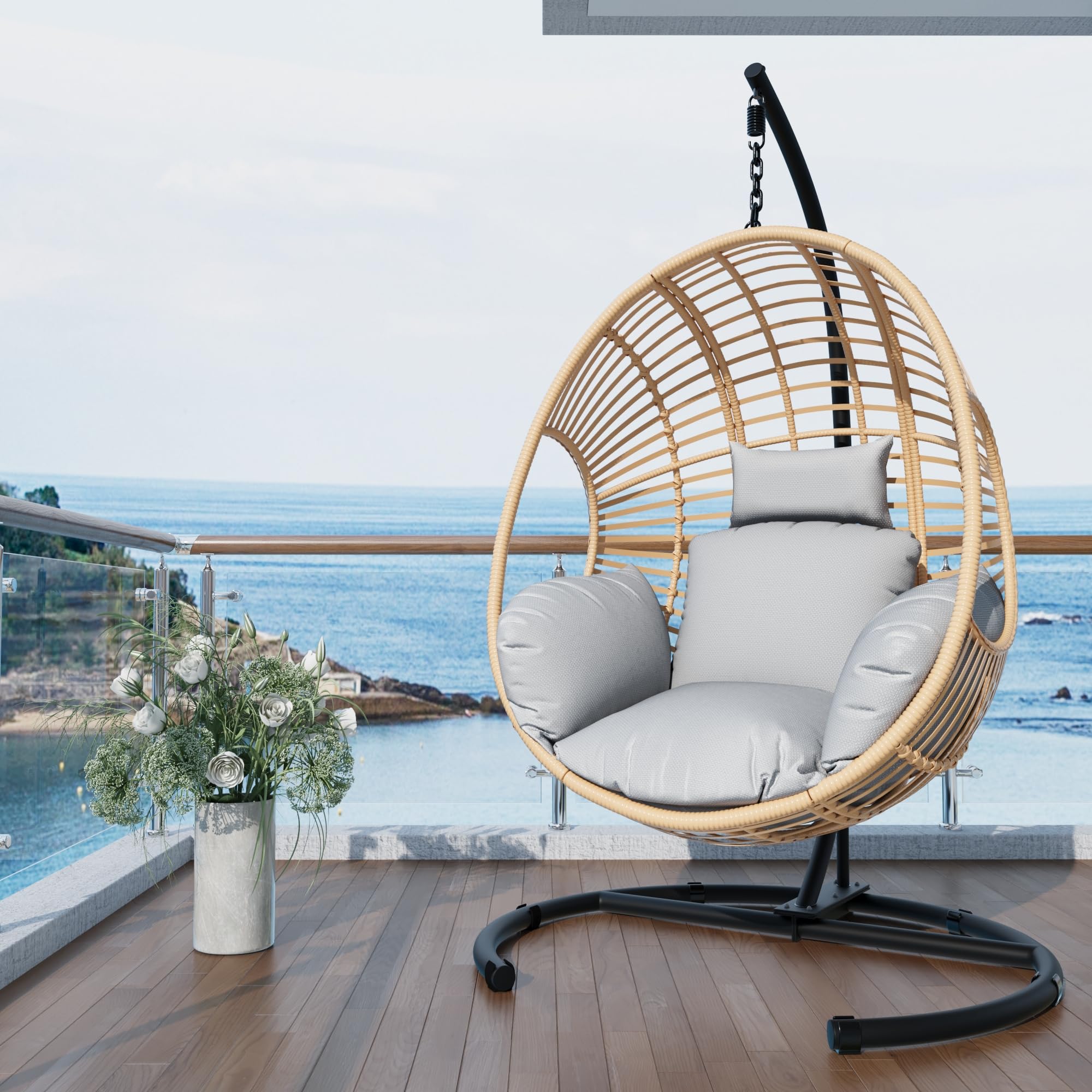 Oversized Hanging Egg Chair Outdoor Indoor, Wicker Swing Egg Chair with Stand 400lbs Capacity for Bedroom, Patio, Garden and Balcony (Beige-Regular, Oversize)