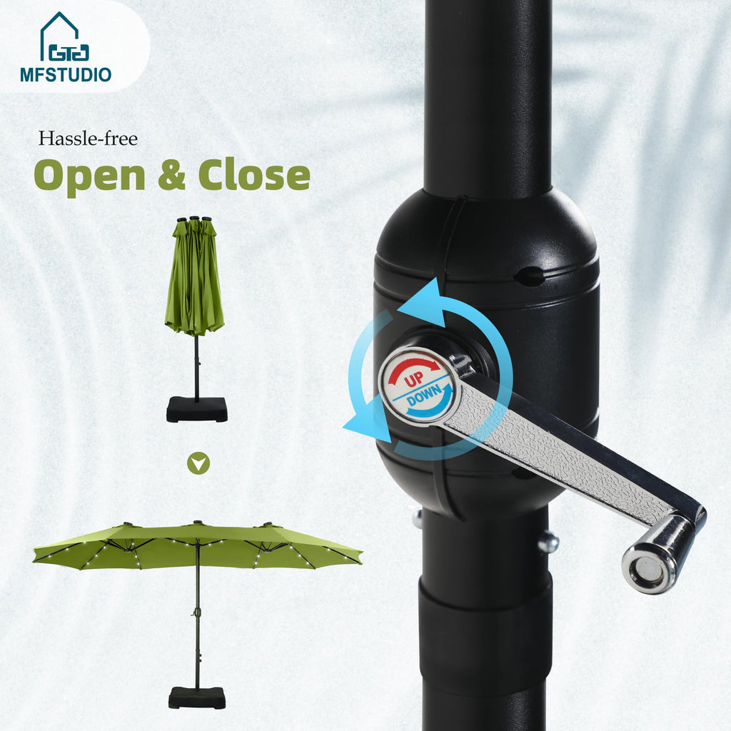 15ft Double Sided Patio Umbrella with Solar Lights, Outdoor Large Umbrellas with Crank Handle and 36 LED Lights, Rectangular Market Umbrella with Base Included for Deck Pool Shade, Lime Green