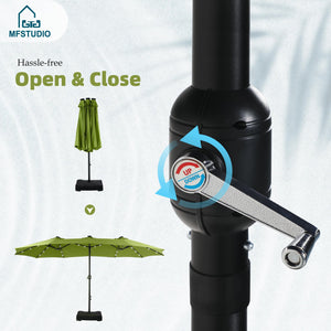 15ft Double Sided Patio Umbrella with Solar Lights, Outdoor Large Umbrellas with Crank Handle and 36 LED Lights, Rectangular Market Umbrella with Base Included for Deck Pool Shade, Lime Green