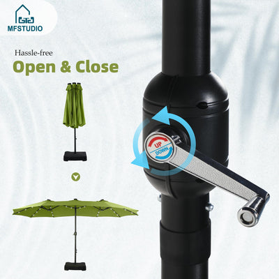 15ft Double Sided Patio Umbrella with Solar Lights, Outdoor Large Umbrellas with Crank Handle and 36 LED Lights, Rectangular Market Umbrella with Base Included for Deck Pool Shade, Lime Green