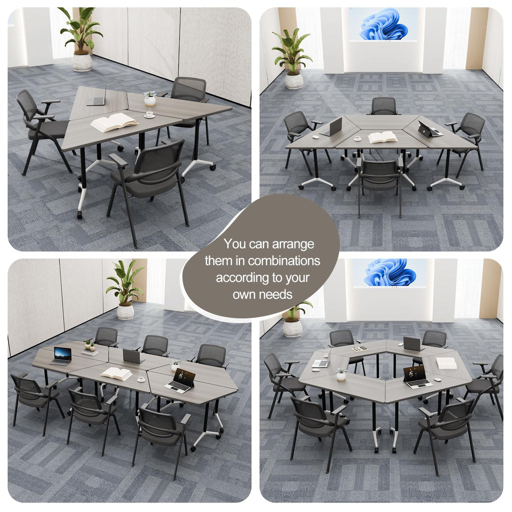 6 Pack Folding Conference Tables with Wheels, 4FT Modern Modular Conference Room Table Mobile Trapezoid Foldable Training Table for Office Classroom Meeting (6PACK,Oak Grey)