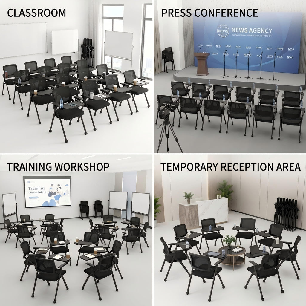 50 Pcs, Folding Training Chairs with Desk Attached, Mobile Office Meeting Chair with Writing Tablet and Cup Holder, Space-Saving Nesting Conference Chair for Classroom, Seminar