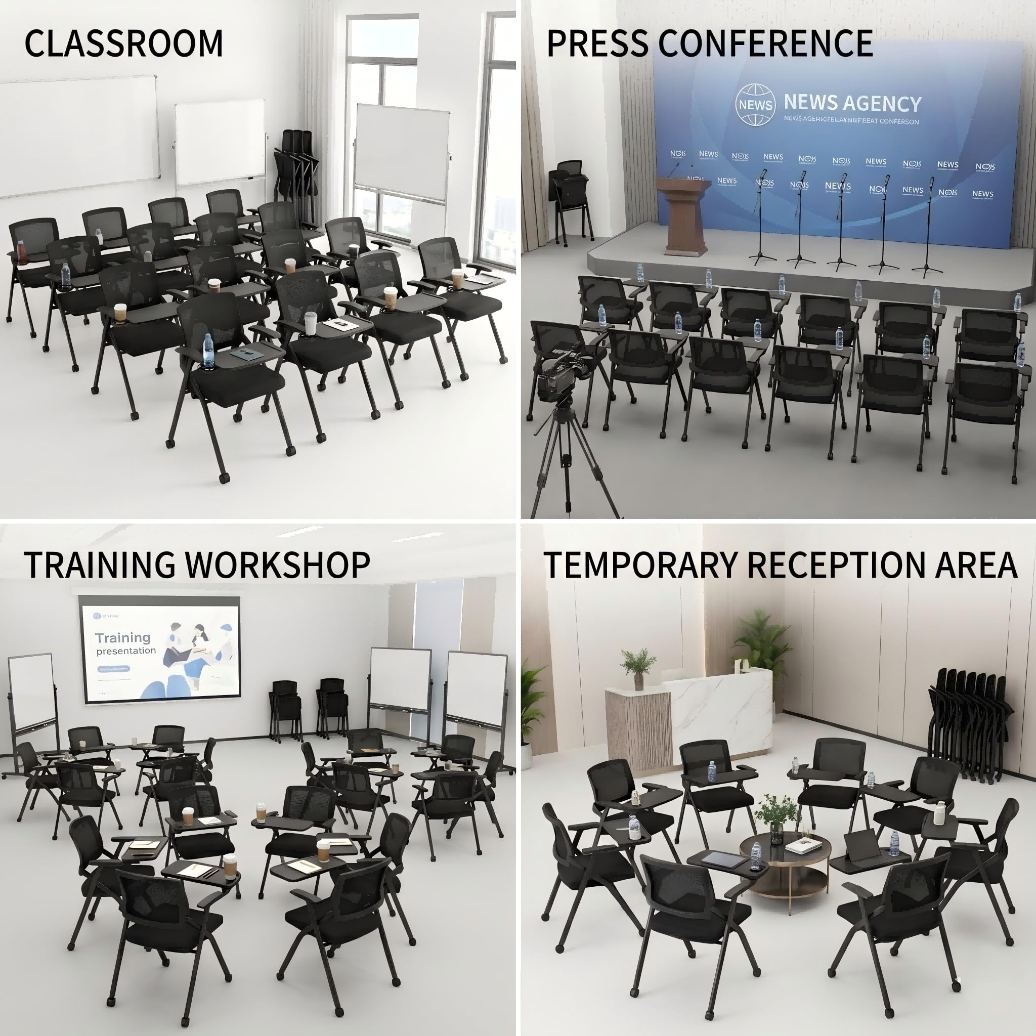 50 Pcs, Folding Training Chairs with Desk Attached, Mobile Office Meeting Chair with Writing Tablet and Cup Holder, Space-Saving Nesting Conference Chair for Classroom, Seminar