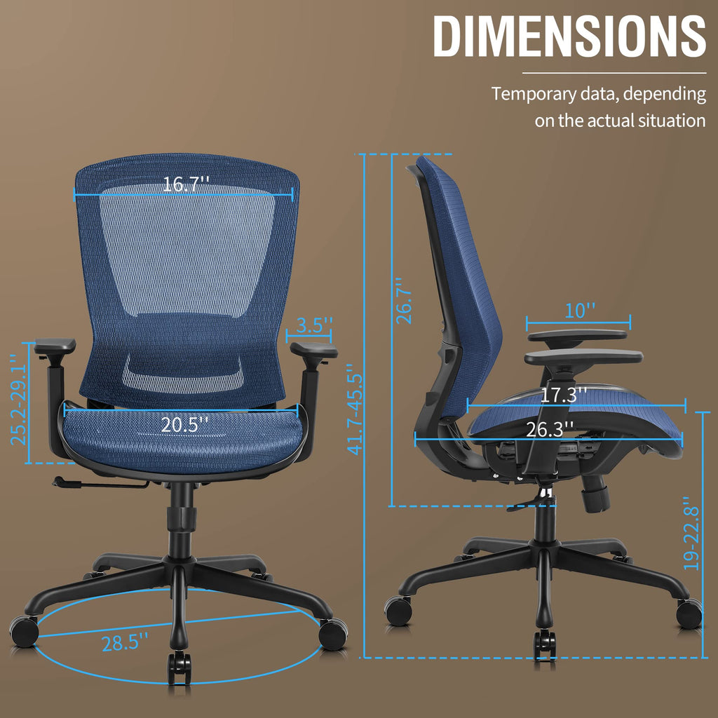 Office Chair,Ergonomic Computer Desk Chair,Sturdy Task Chair- Adjustable Lumbar Support & Armrests,Tilt Function,Comfort Wide Seat,Swivel Home Office Chair (Blue)