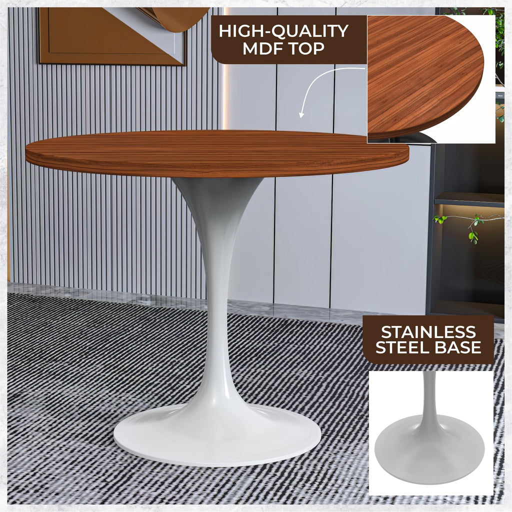 Mid-Century Modern 36 Inch Round Dining Table, MDF Wood Tabletop with White Steel Pedestal Base, Contemporary Kitchen & Dining Room Table, for Small Spaces (Cognac Brown)