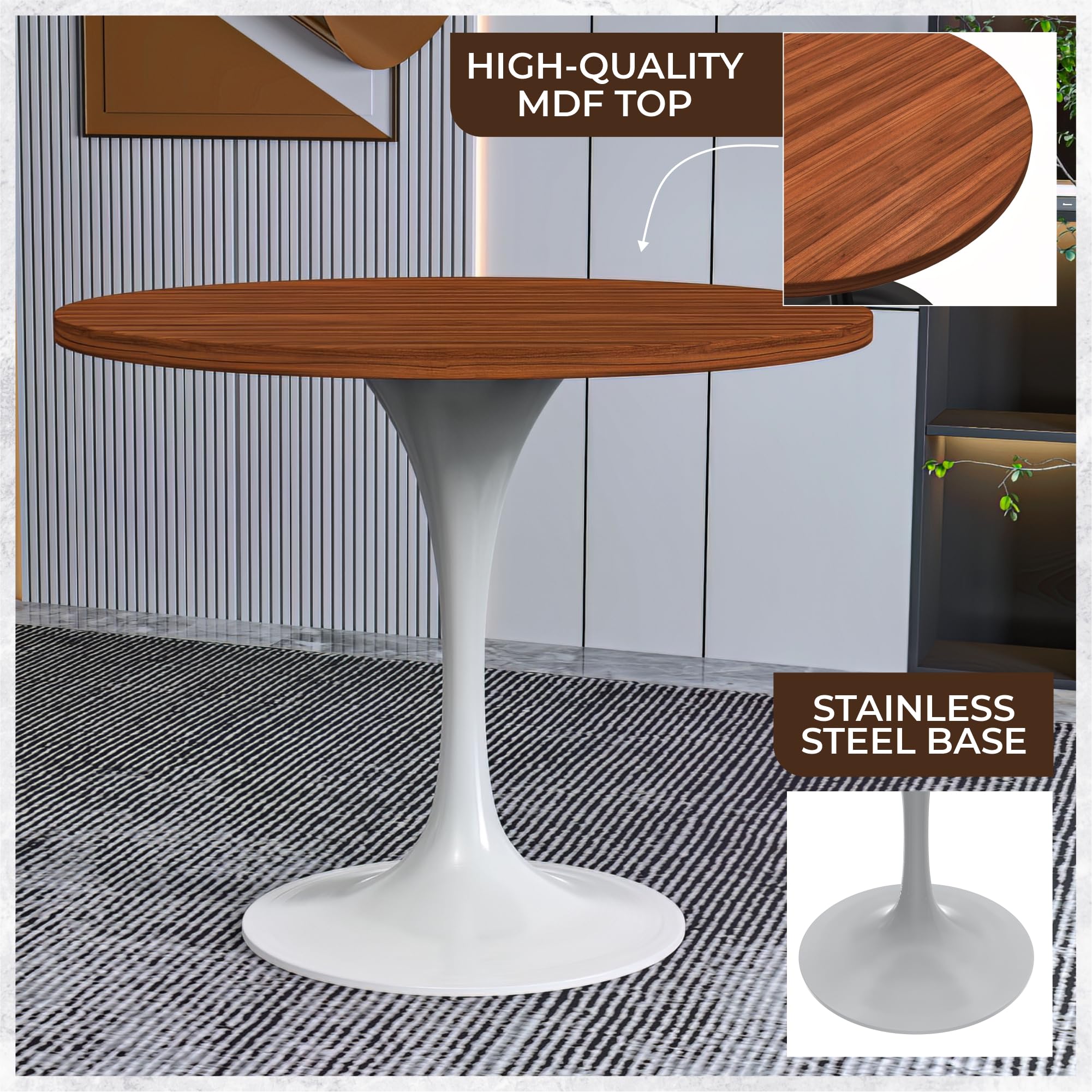 Mid-Century Modern 36 Inch Round Dining Table, MDF Wood Tabletop with White Steel Pedestal Base, Contemporary Kitchen & Dining Room Table, for Small Spaces (Cognac Brown)