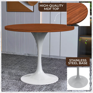 Mid-Century Modern 36 Inch Round Dining Table, MDF Wood Tabletop with White Steel Pedestal Base, Contemporary Kitchen & Dining Room Table, for Small Spaces (Cognac Brown)