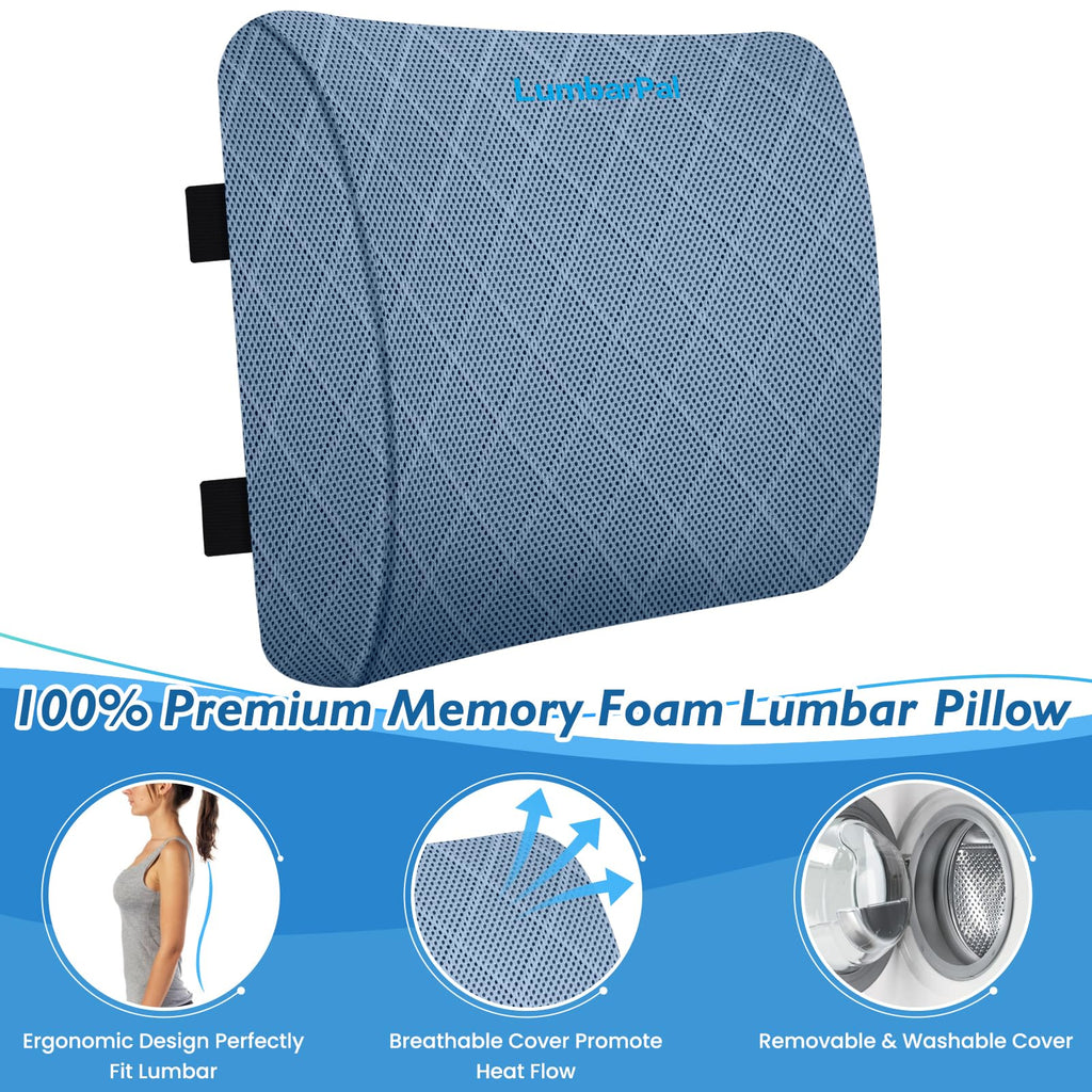 Lumbar Support Pillow for Office Chair Back Support Lumbar Pillow for Car, Gaming, Office Chair - Improve Sitting Posture & Back Pain Relief, Memory Foam, Adjustable Straps, Light Blue