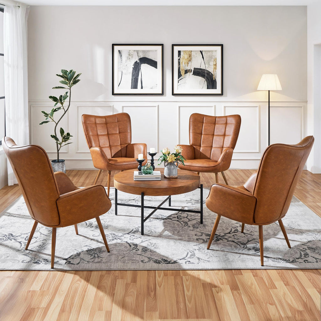 Accent Chairs, Large PU Leather High-Back Chair w/Metal Legs, Pottery Barn Style Living Room Chairs for Bedroom/Home Office, Brown, Set of 2