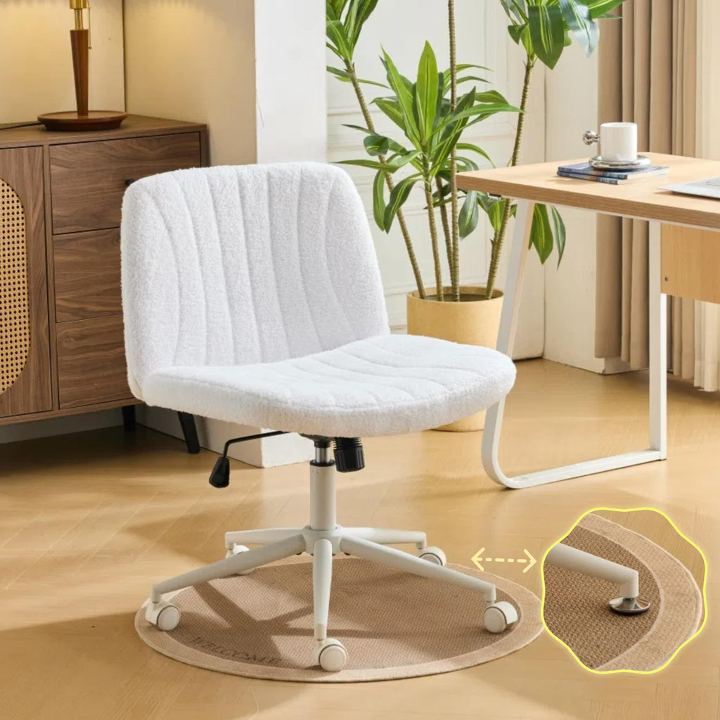 Criss Cross Legged Chair,Wide Comfy Office Desk Chair,Dual-Use with/no Wheels Computer Task Chair,Swivel Armless Vanity Boucle Chair for Study,Make Up,Home Office,Teddy Fleece,White