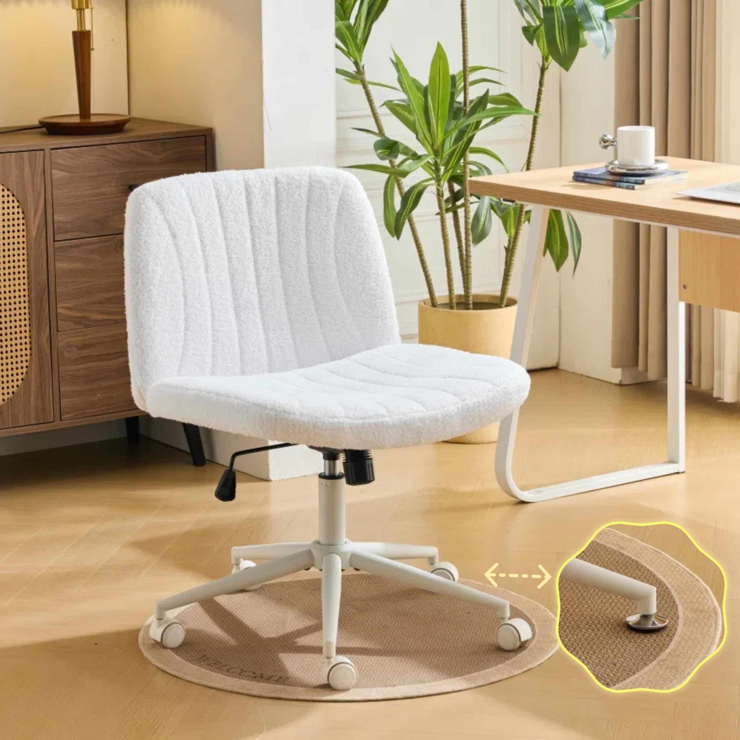 Criss Cross Legged Chair,Wide Comfy Office Desk Chair,Dual-Use with/no Wheels Computer Task Chair,Swivel Armless Vanity Boucle Chair for Study,Make Up,Home Office,Teddy Fleece,White