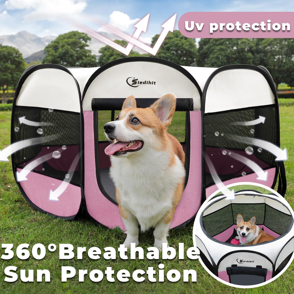 Pink Puppy Playpen for Middle Dog Cat, Dog Tent Crates Cage Indoor/Outdoor, Portable Pop Up Dog Kennel with Carrying Bag for Rabbits, (Pink, Medium)