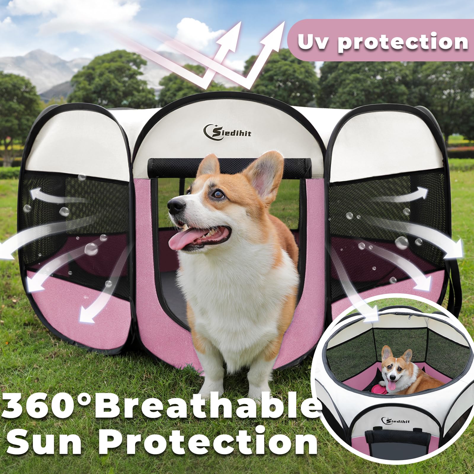 Pink Puppy Playpen for Middle Dog Cat, Dog Tent Crates Cage Indoor/Outdoor, Portable Pop Up Dog Kennel with Carrying Bag for Rabbits, (Pink, Medium)