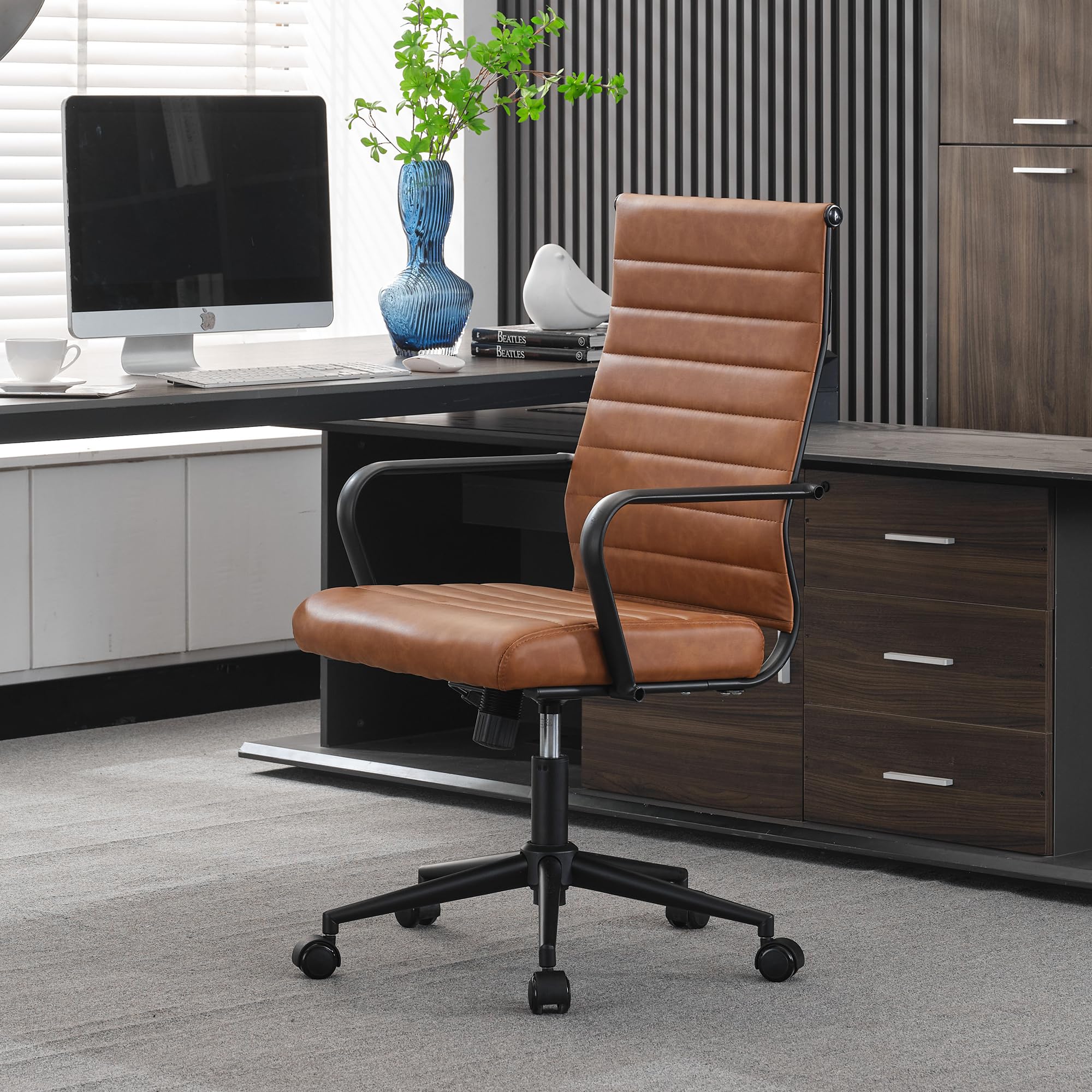 Leather Office Desk Chair, Mid-Century Modern Leather Conference Room Chairs, Ergonomic Executive Ribbed Height Adjustable Swivel Rolling Chair for Home Office.