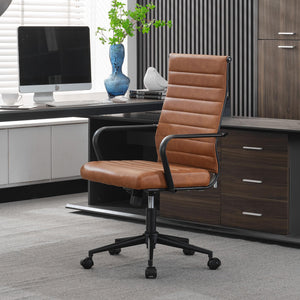 Leather Office Desk Chair, Mid-Century Modern Leather Conference Room Chairs, Ergonomic Executive Ribbed Height Adjustable Swivel Rolling Chair for Home Office.