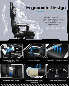 Gaming Chair with Electric Massage Lumbar Support, Footrest & Headrest — Ergonomic High Back Recliner for Home Office, Computer Desk Chair, Height Adjustable, 300 lbs, Black/White