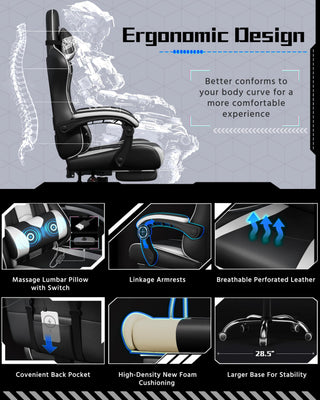 Gaming Chair with Electric Massage Lumbar Support, Footrest & Headrest — Ergonomic High Back Recliner for Home Office, Computer Desk Chair, Height Adjustable, 300 lbs, Black/White