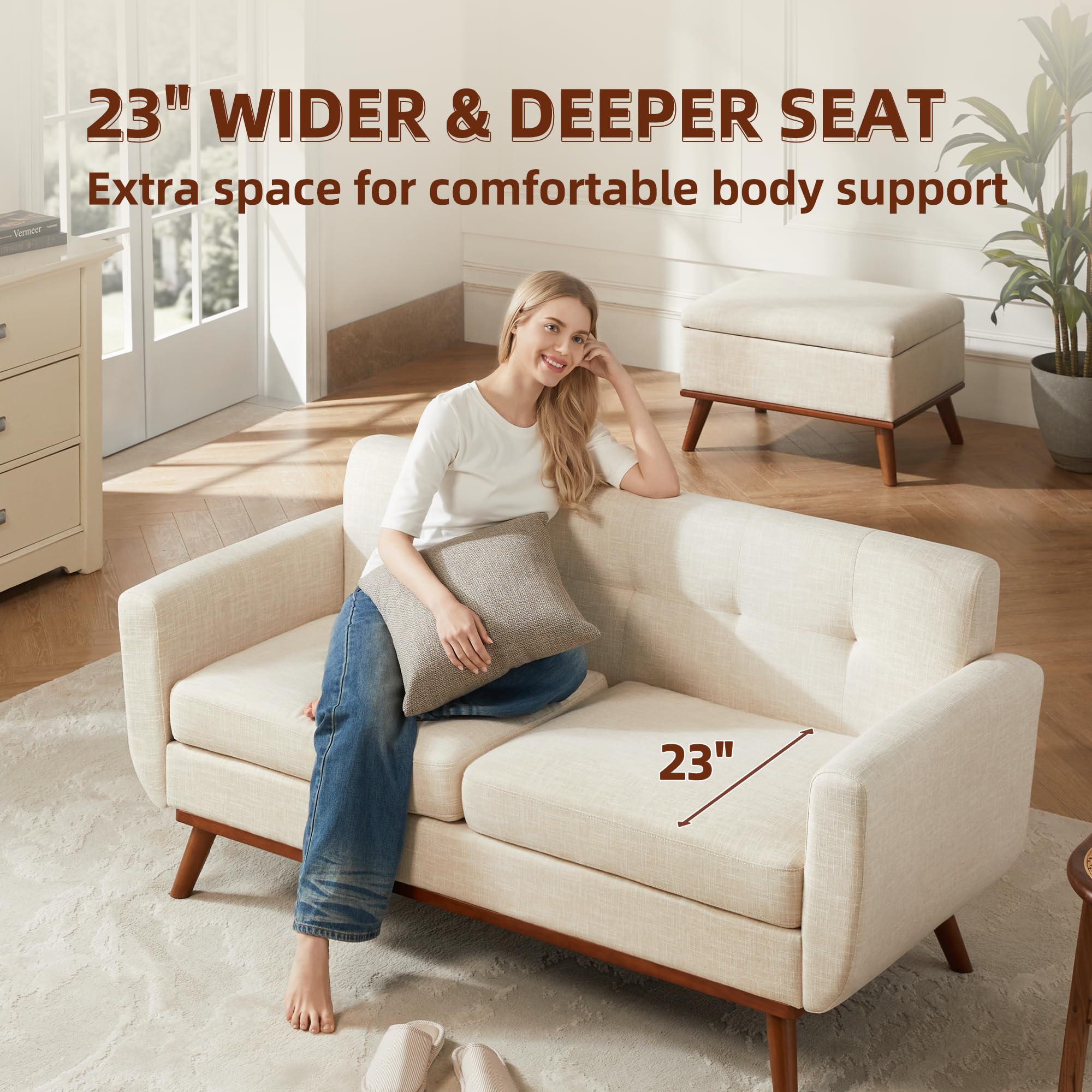 65.2" W Loveseat Sofa, Mid Century Modern Decor Love Seat Couches for Living Room, Button Tufted Upholstered Furniture, Easy to Install Small Couch for Bedroom Office Apartment, Cream White