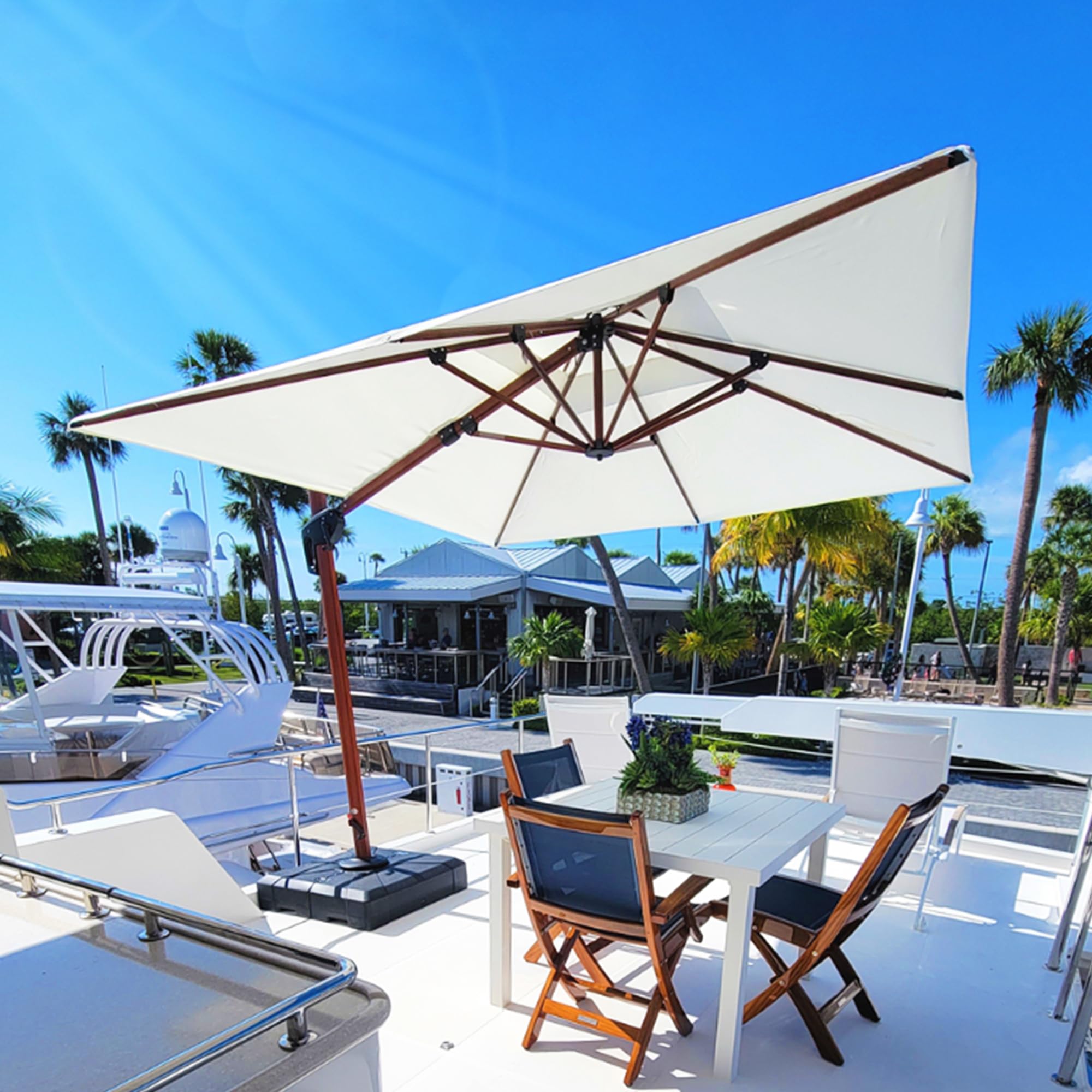 9' X 12' Double Top Deluxe Wood Pattern Rectangle Patio Umbrella Offset Hanging Umbrella Outdoor Market Umbrella Garden Umbrella, Cream