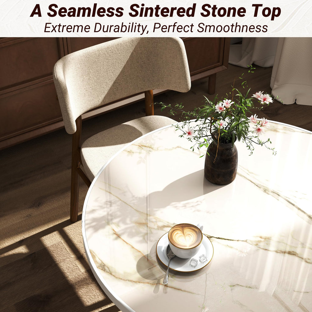 31.5" Tulip Table,Round Kitchen Dining Table for 2-4 with Thick Sintered Stone Top,Titanium Golden Pedestal Base,Heat-Resistant,Bistro Table for Dining Room,Café,Small Space（Amber Rift）
