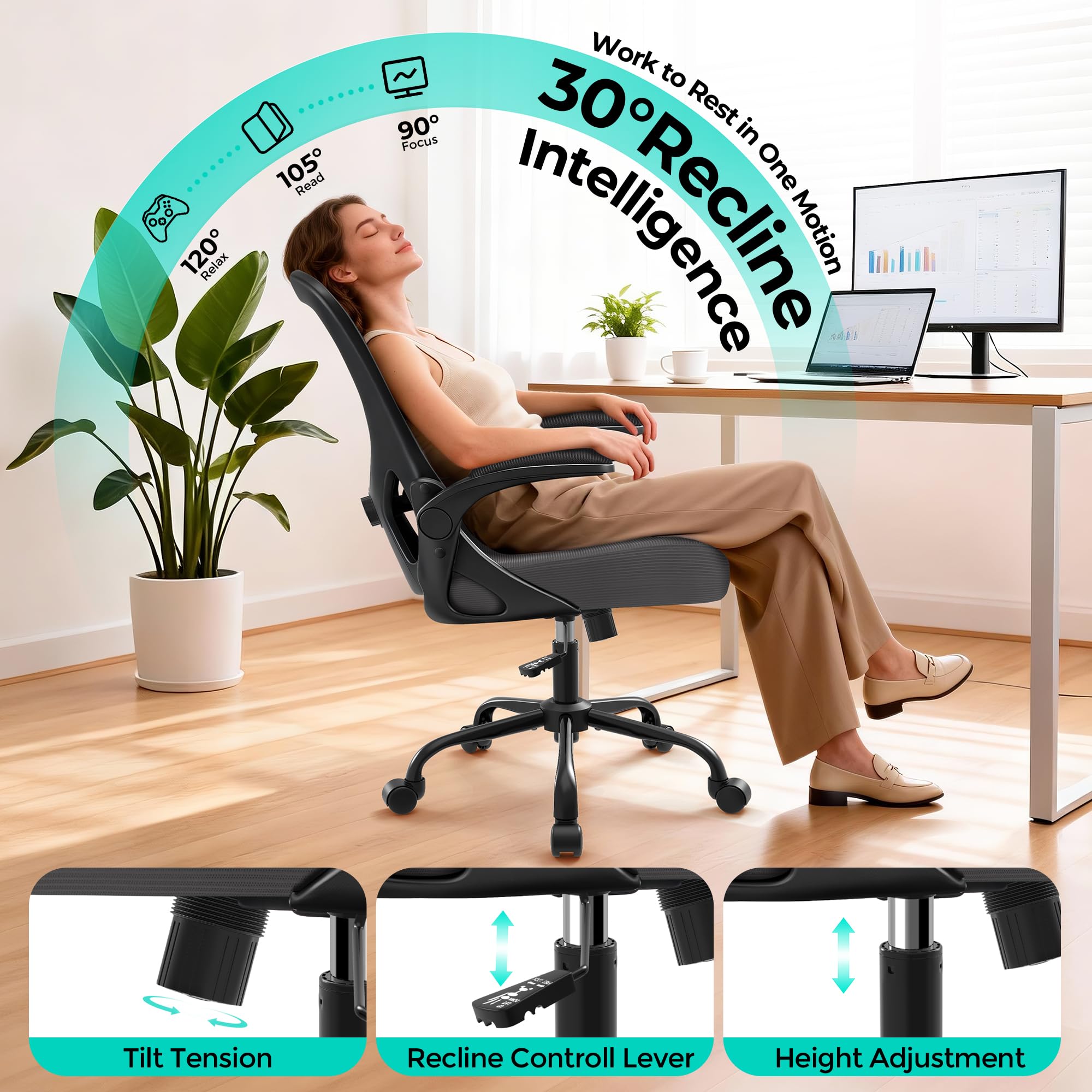 Office Chair - Ergonomic Breathable Mesh Desk Chair with Adjustable Lumbar Support and Flip-up Armrests - Executive High Back Rolling Swivel Comfortable Computer Gaming Chair for Home Office