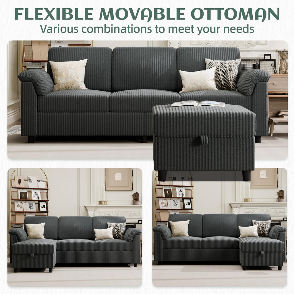 Convertible Sectional Sofa Couch, 3 Seat L Shaped Sofa with Removable Pillows Soft Corduroy Fabric Small Couch Mid Century for Living Room, Apartment and Office, Dark Grey